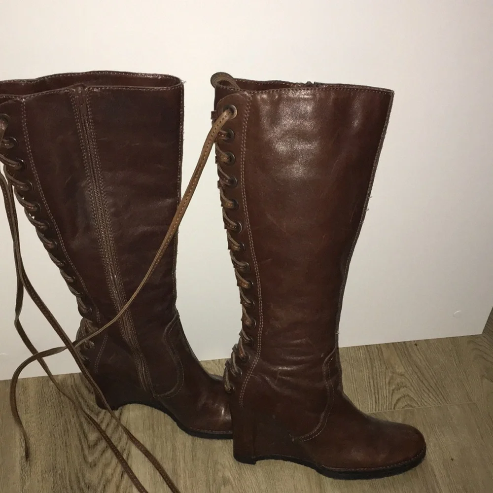 APEPAZZA REAL LEATHER LACED TIE UP WEDGE HEEL NON SKID SOLE Knee-High Boots - Picture 4 of 11